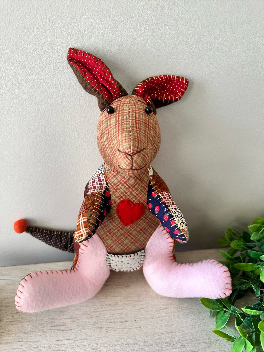 Handmade Patchwork Plush Kangaroo with Pouch